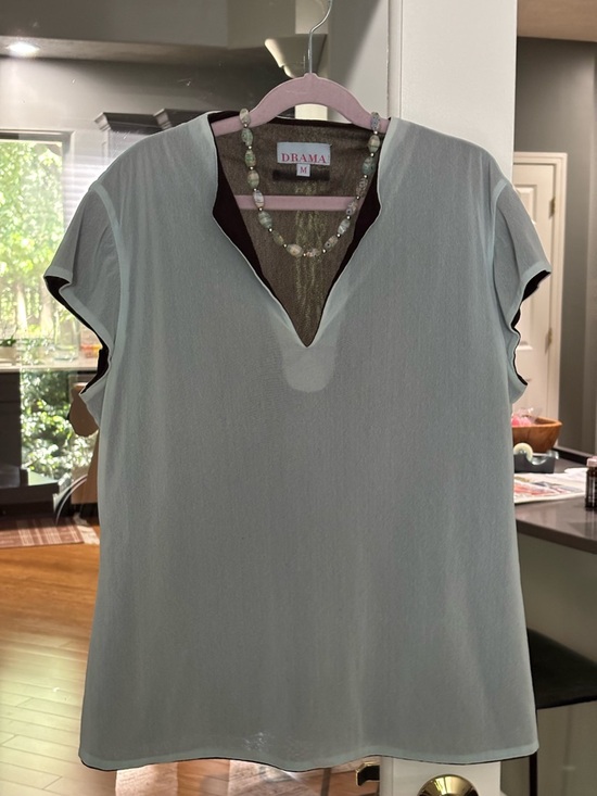 Drama Tops - Drama Sea Glass Blu Sheer V-Neck Blouse Lightweight Top / Medium